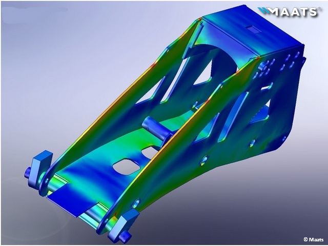 3D CAD model of a structural component for MAATS pipeline equipment with stress analysis visualization.