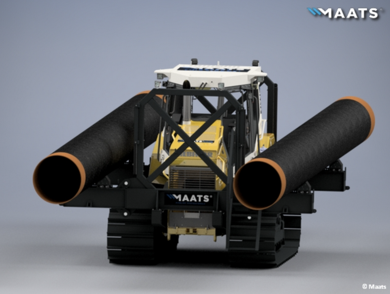 MAATS pipeline handling system mounted on Liebherr pipelayer carrying two pipes.