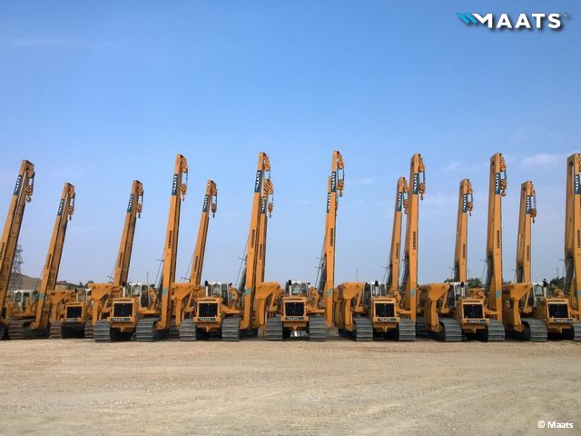 Line-up of MAATS Liebherr RL64 pipelayers prepared for pipeline construction projects.
